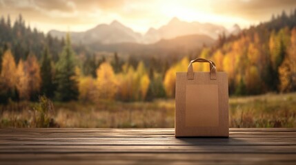 Poster - Brown paper bag resting on a rustic wooden table in a well-lit environment