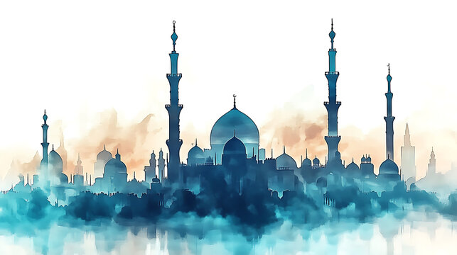 Abstract aquamarine watercolor art with mosque silhouette for Eid greeting card. transparent background. PNG