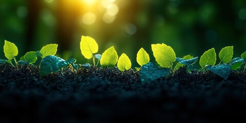 Poster - New seedlings emerging from dark soil as sunlight peeks through forest canopy at dawn