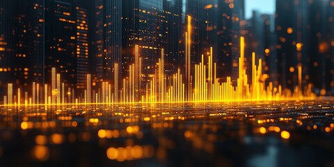 Poster - Digital sound waves illuminate an urban skyline with orange hues in a futuristic city at dusk