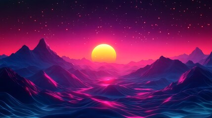 Wall Mural - Enchanting Sunset Over the Misty Mountains Reflecting in the Calm Ocean Waves   A breathtaking natural landscape with a glowing sun sinking below the horizon