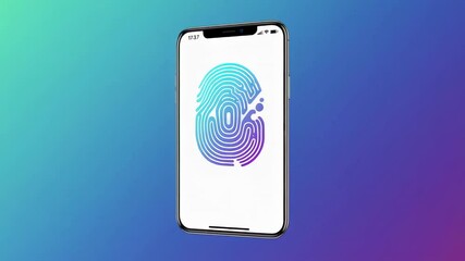 Poster - Sleek smartphone revealing touch id verification process with smooth gradient background shifting from turquoise to purple, demonstrating digital security technology