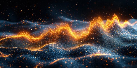 Poster - Vibrant digital wave patterns illuminated in shades of orange and blue against a dark background at an abstract design exhibition