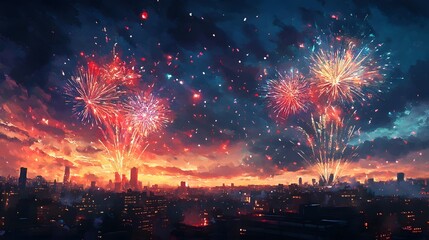 Aufkleber - fireworks exploding in a dazzling array of colors illuminating the majestic cityscape against the dramatic evening sky