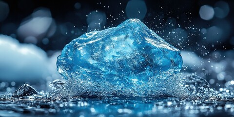 Poster - Iridescent ice chunk splashes in calm water, creating ripples and droplets in cool light