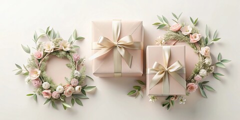 Wall Mural - Elegant blush pink gift boxes adorned with delicate floral wreaths