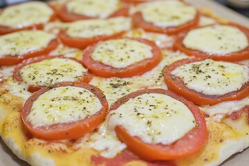 Poster - A close-up view of a pizza featuring fresh tomatoes and melted cheese