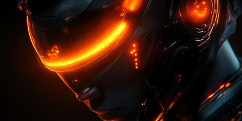 Poster - Futuristic cyborg profile with glowing elements in a dark setting, showcasing advanced technology and design features