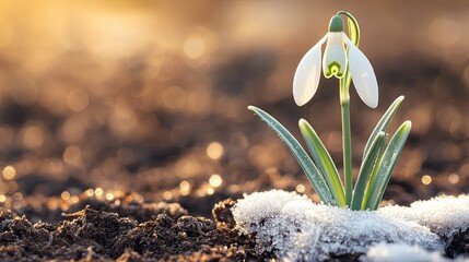 Poster - A soft macro photograph of a snowdrop flower emerging from frost-covered ground