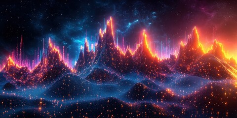 Wall Mural - Vibrant digital landscape with glowing peaks and colorful atmospheric effects during nighttime