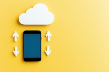 Poster - Phone and Cloud Icons Illustrating Backup Process on Yellow Background