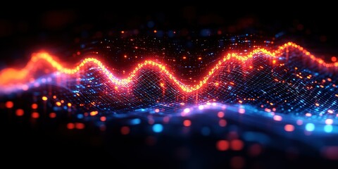 Poster - Vibrant digital waveform with glowing particles and light trails in vivid colors
