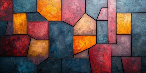 Wall Mural - Colorful abstract wall art with geometric shapes in vibrant hues at a gallery in the afternoon light