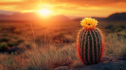 Poster - A solitary cactus in bloom with brilliant yellow flowers against a vast desert landscape and a vibrant orange sunset.