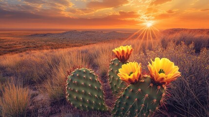 Poster - A solitary cactus in bloom with brilliant yellow flowers against a vast desert landscape and a vibrant orange sunset.