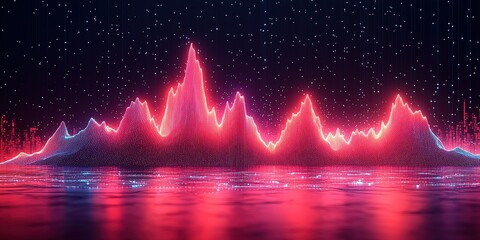 Poster - Colorful digital wave pattern with glowing peaks and reflections in a dark background