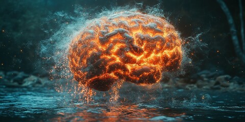Poster - Mystical glowing brain emerging from water in a serene forest environment at dusk