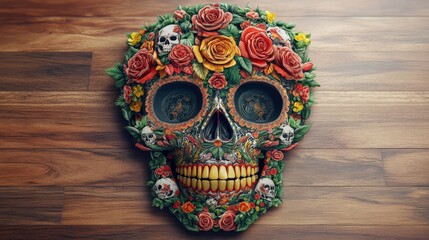 Poster - Skull adorned with colorful flowers and smaller skulls creating a unique artistic composition