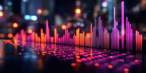 Poster - Vibrant sound waves illuminated in colorful patterns at night in a cityscape