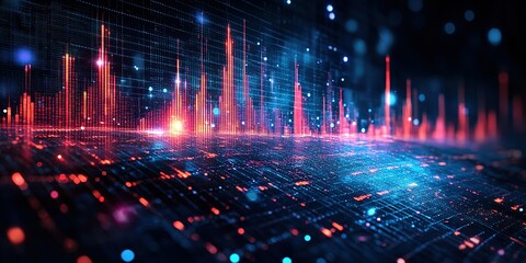 Fototapete - Visual representation of sound waves and data signals in a digital landscape during nighttime