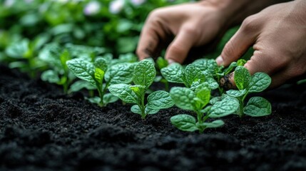 Wall Mural - Hands Planting Lush Green Seedlings in Dark Soil