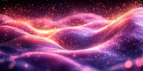 Poster - Colorful abstract waves illuminated by shimmering particles against a dark background