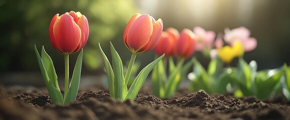 Canvas Print - Red And Pink Tulips Blooming In A Garden