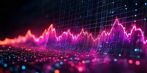 Poster - Visual representation of fluctuating data metrics in an abstract digital environment at night