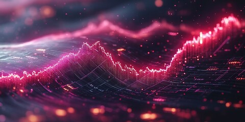 Poster - Digital financial chart displaying upward trend through vibrant pink visuals and waving lines, depicting market activity and analysis