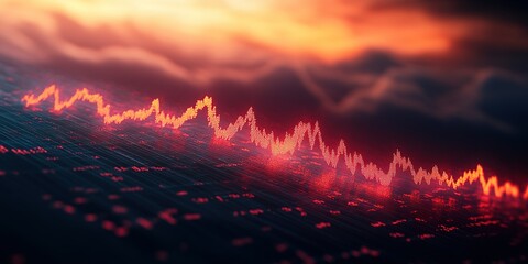 Poster - Data analysis shows market fluctuation trends at sunset over a digital landscape with a colorful sky