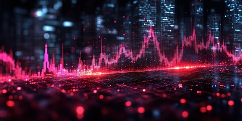 Poster - Vibrant digital data visualization captures financial trends in a futuristic urban landscape