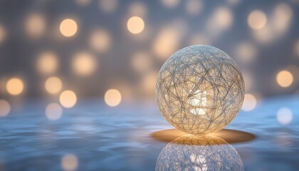 Wall Mural - Glowing Orb With Delicate Woven Texture On Reflective Surface, Illuminated Background With Bokeh