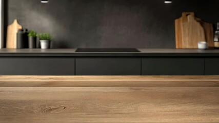 Poster - Wooden table in a modern style kitchen with a blurred background, creating a perfect space for showcasing products or culinary presentations