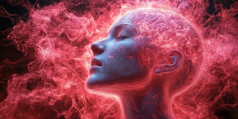 Poster - Artistic representation of a human head surrounded by vibrant energy and colorful smoke effects at night