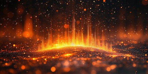 Poster - Sparkling particles create a vibrant orange wave resembling energy visualization at night with shimmering effects