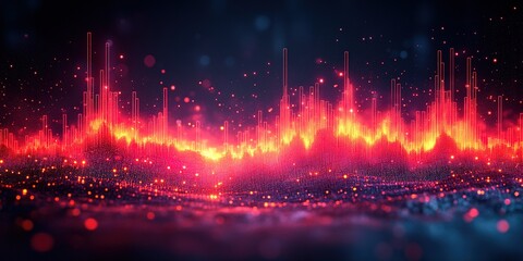 Poster - Dynamic visual representation of sound waves in vibrant colors with glowing particles and intricate details