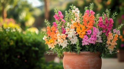 Poster - A terracotta pot overflowing with colorful snapdragons