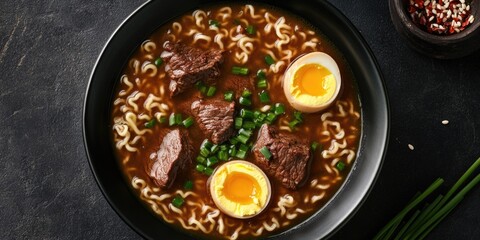 Wall Mural - A steaming hot bowl of ramen with slices of meat, eggs, and green onions