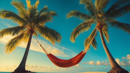 Wall Mural - relaxing in a hammock between palm trees on a tropical beach at sunset