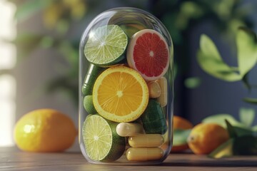 Wall Mural - A colorful fruit jar filled with various fruits, placed on a wooden table