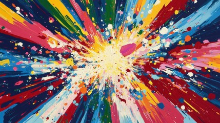 Poster - chaotic explosion of particles in vibrant primary colors, with fragments scattering outward to form 