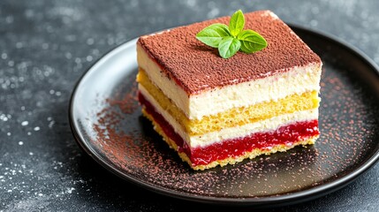 Delicious layered dessert with cream, jelly, and cocoa powder garnished with fresh mint on a black plate.