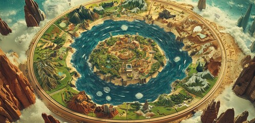 Poster - circular world map where the continents are arranged in a dynamic, rotating format, with interactive elements that allow the viewer to explore different regions as the map turns.