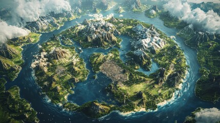 Poster - circular world map where the continents are arranged in a dynamic, rotating format, with interactive elements that allow the viewer to explore different regions as the map turns.