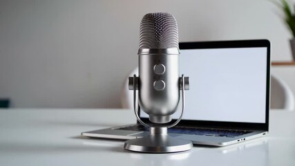 Poster - Professional condenser microphone on a desk with a laptop in the background, ready for recording a podcast, audio course or other online content, presented in slow motion