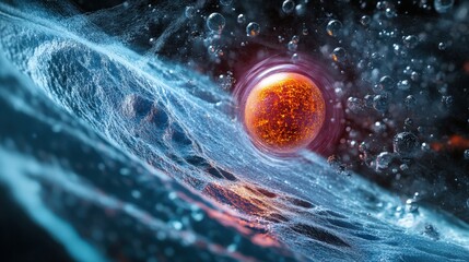Poster - close-up illustration of a proton moving within a hydrogen atom, surrounded by a single electron.