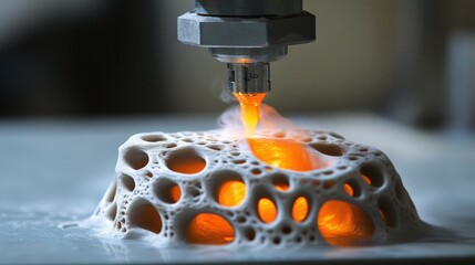 Poster - 3d printer's extruder nozzle in action, melting plastic filament to form an intricate design.