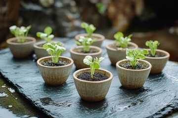 Poster - A collection of small pots containing various plants and foliage