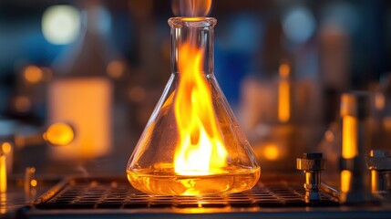 Poster - Bunsen burner heating a flask, with the flame casting warm light on the surrounding lab tools