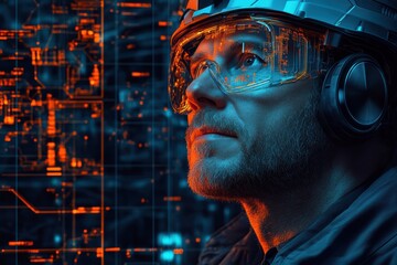 Poster - Portrait of a focused technician in a futuristic environment working with digital interfaces